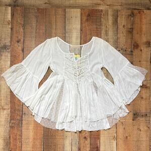 PPLA Elegant Peasant Top White Lace Boho Swiss Dot Sheer Mesh Bell Sleeve Size S